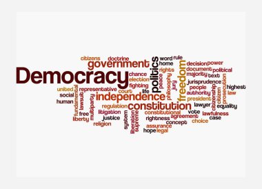 Kelime Bulutu beyaz arka planda izole edilmiş DEMOCRACY kavramına sahip.