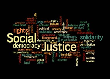SOSYAL JUSTICE kavramına sahip Kelime Bulutu, siyah bir arka planda izole.