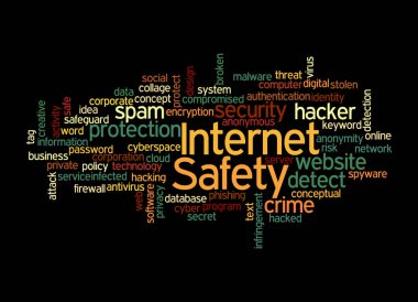 İnternet Güvenliği kavramına sahip Kelime Bulutu, siyah arka planda izole edilmiş..