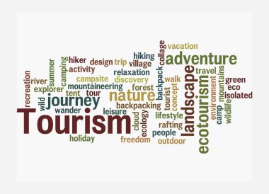 Kelime Bulutu beyaz arka planda izole edilmiş, TOURISM konseptine sahip.