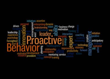 Proaktif Davranış Konsepti olan Kelime Bulutu, siyah arka planda izole edilmiş.