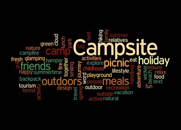 Word Cloud Avec Concept Campsite Isolé Sur Fond Noir — Photo