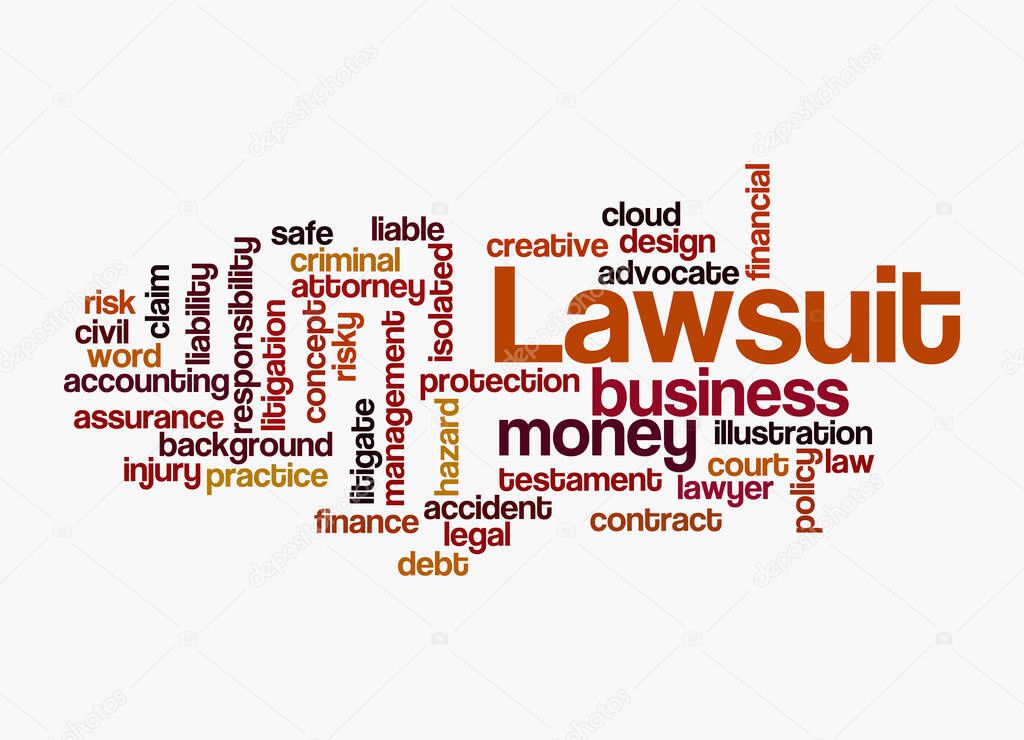 Word Cloud with LAWSUIT concept, isolated on a white background.