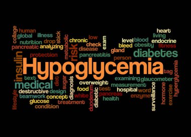 HYPOGLYCEMIA kavramına sahip Kelime Bulutu, siyah bir arkaplanda izole..