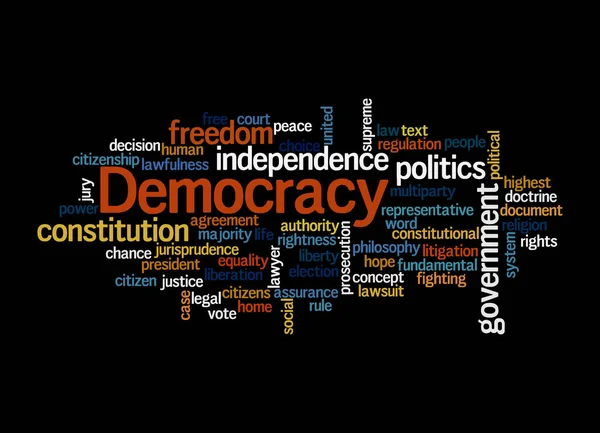 Word Cloud Democracy Koncepció Elszigetelt Fekete Alapon — Stock Fotó