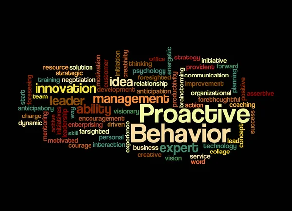 Proaktif Davranış Konsepti olan Kelime Bulutu, siyah arka planda izole edilmiş.