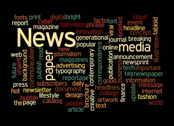 Word Cloud Mit News Konzept Isoliert Auf Schwarzem Hintergrund — Stockfoto
