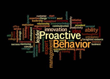 Proaktif Davranış Konsepti olan Kelime Bulutu, siyah arka planda izole edilmiş.