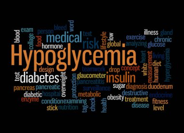 HYPOGLYCEMIA kavramına sahip Kelime Bulutu, siyah bir arkaplanda izole..