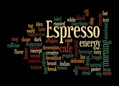 ESPRESSO kavramına sahip Kelime Bulutu, siyah bir arkaplanda izole.