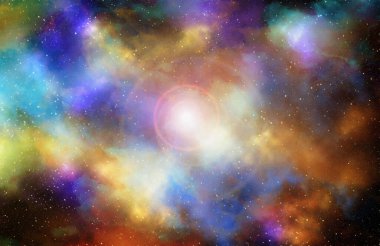 Yıldız tozu ve parlayan yıldızlarla dolu bir arka plan. Gerçekçi kainat ve renkli nebula. Renkli galaksi. 3d illüstrasyon.