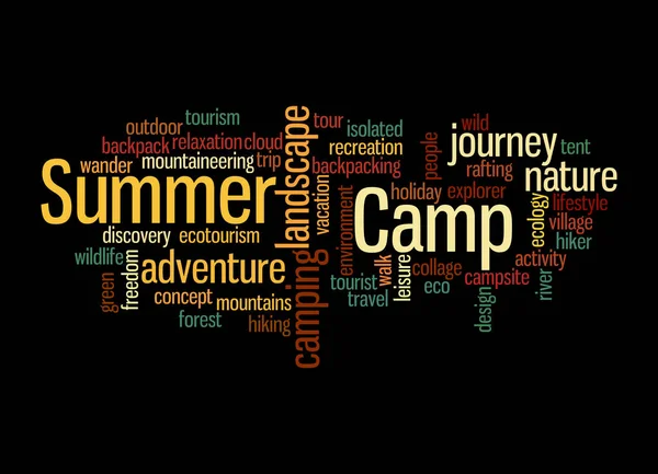 Word Cloud Met Summer Camp Concept Geïsoleerd Een Zwarte Achtergrond — Stockfoto