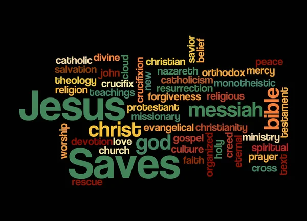 Word Cloud Met Jezus Saves Concept Geïsoleerd Een Zwarte Achtergrond — Stockfoto