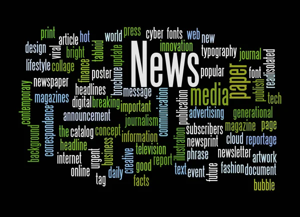 Word Cloud Mit News Konzept Isoliert Auf Schwarzem Hintergrund — Stockfoto