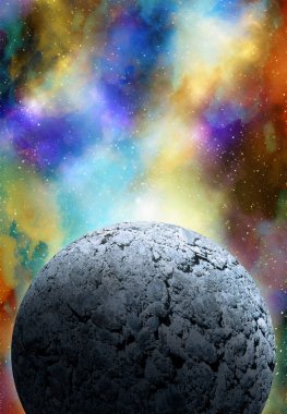 Uzaydan gelen bilinmeyen bir gezegen. Uzay nebulası. Kozmik yıldız kümesi. Dış uzay arkaplanı. 3B Görüntü.