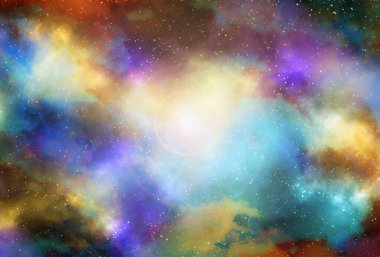 Yıldız tozu ve parlayan yıldızlarla dolu bir arka plan. Gerçekçi kainat ve renkli nebula. Renkli galaksi. 3d illüstrasyon.