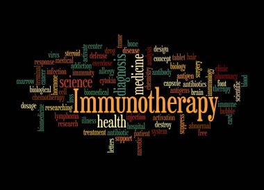 Kelime Bulutu siyah bir arkaplanda izole edilmiş, IMMUNOTHERAPY kavramı ile.