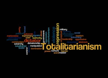 TOTALITARIANISM kavramına sahip Kelime Bulutu, siyah bir arkaplanda izole..