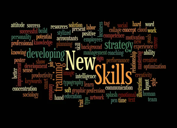 Word Cloud Med New Skills Koncept Isolerad Svart Bakgrund — Stockfoto