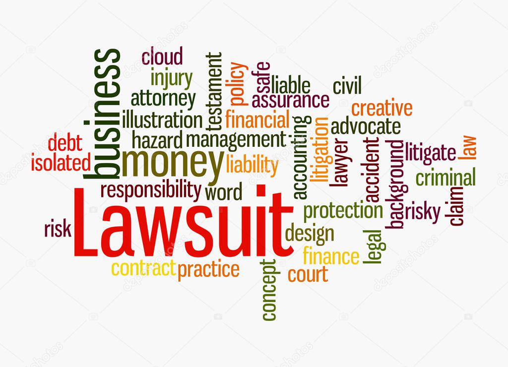 Word Cloud with LAWSUIT concept, isolated on a white background.