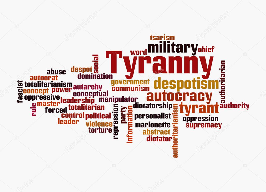 Word Cloud with TYRANNY concept, isolated on a white background.