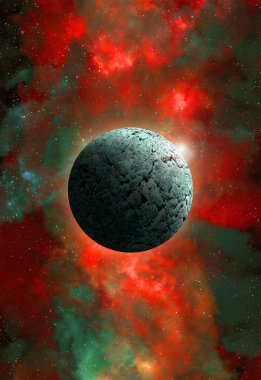 Uzaydan gelen bilinmeyen bir gezegen. Uzay nebulası. Kozmik yıldız kümesi. Dış uzay arkaplanı. 3B Görüntü.