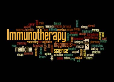 Kelime Bulutu siyah bir arkaplanda izole edilmiş, IMMUNOTHERAPY kavramı ile.
