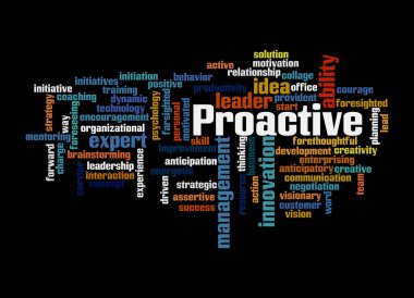 Kelime Bulutu siyah bir arkaplanda izole edilmiş Proaktif kavramı ile.