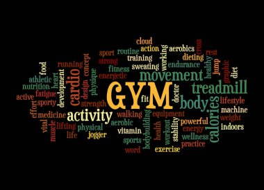 GYM kavramına sahip Kelime Bulutu, siyah bir arkaplanda izole.