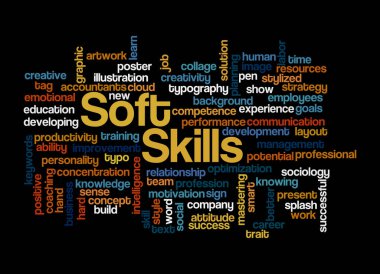 SOFT SKILLS kavramına sahip Kelime Bulutu, siyah bir arkaplanda izole.