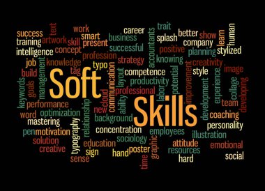 SOFT SKILLS kavramına sahip Kelime Bulutu, siyah bir arkaplanda izole.