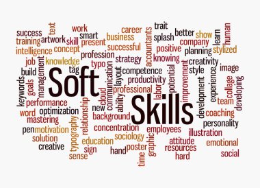 SOFT SKILLS kavramına sahip Kelime Bulutu, beyaz arka planda izole.