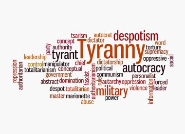 Kelime Bulutu beyaz arka planda izole edilmiş TYRANNY konseptine sahip.