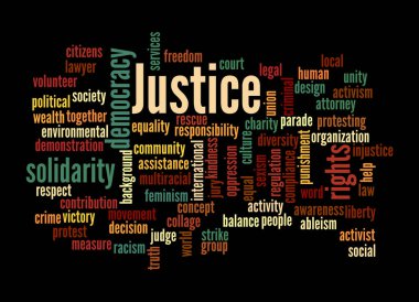 JUSTICE kavramına sahip Kelime Bulutu, siyah bir arka planda izole.