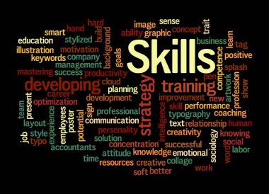 SKILLS kavramına sahip Kelime Bulutu, siyah arkaplan üzerinde izole.