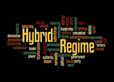 HYBRID REGIME kavramına sahip Kelime Bulutu, siyah bir arkaplanda izole.
