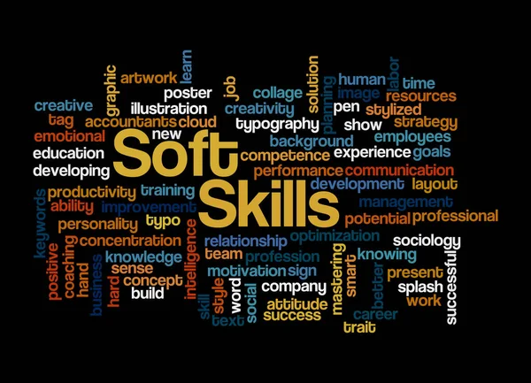 Soft Skills Kavramına Sahip Kelime Bulutu Siyah Bir Arkaplanda Izole — Stok fotoğraf