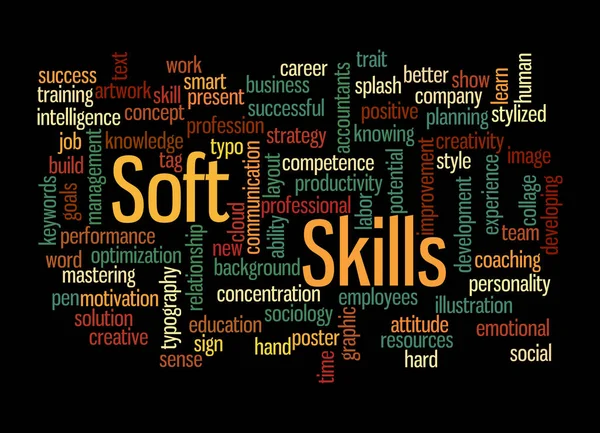 SOFT SKILLS kavramına sahip Kelime Bulutu, siyah bir arkaplanda izole.
