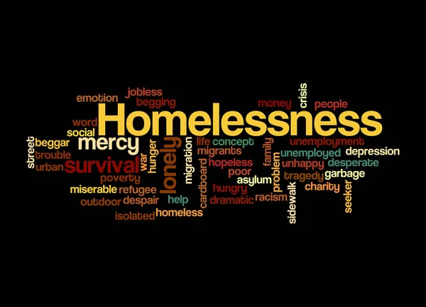 Word Cloud Com Conceito Homelessness Isolado Fundo Preto — Fotografia de Stock