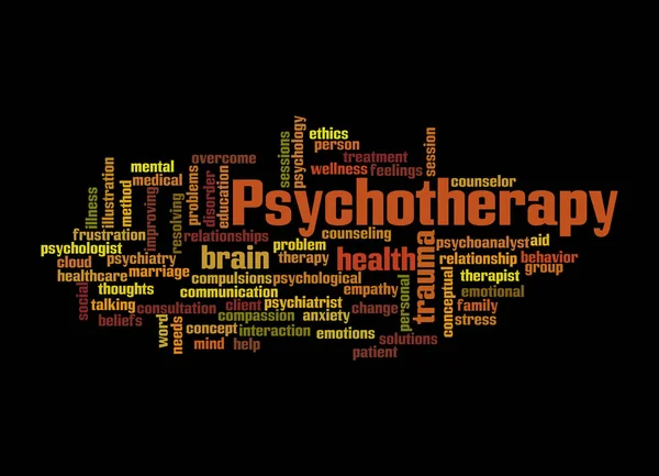 Word Cloud Com Conceito Psychotherapy Isolado Fundo Preto — Fotografia de Stock