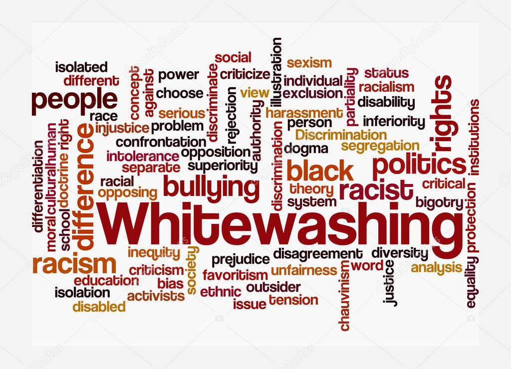 Word Cloud with WHITEWASHING concept, isolated on a white background.