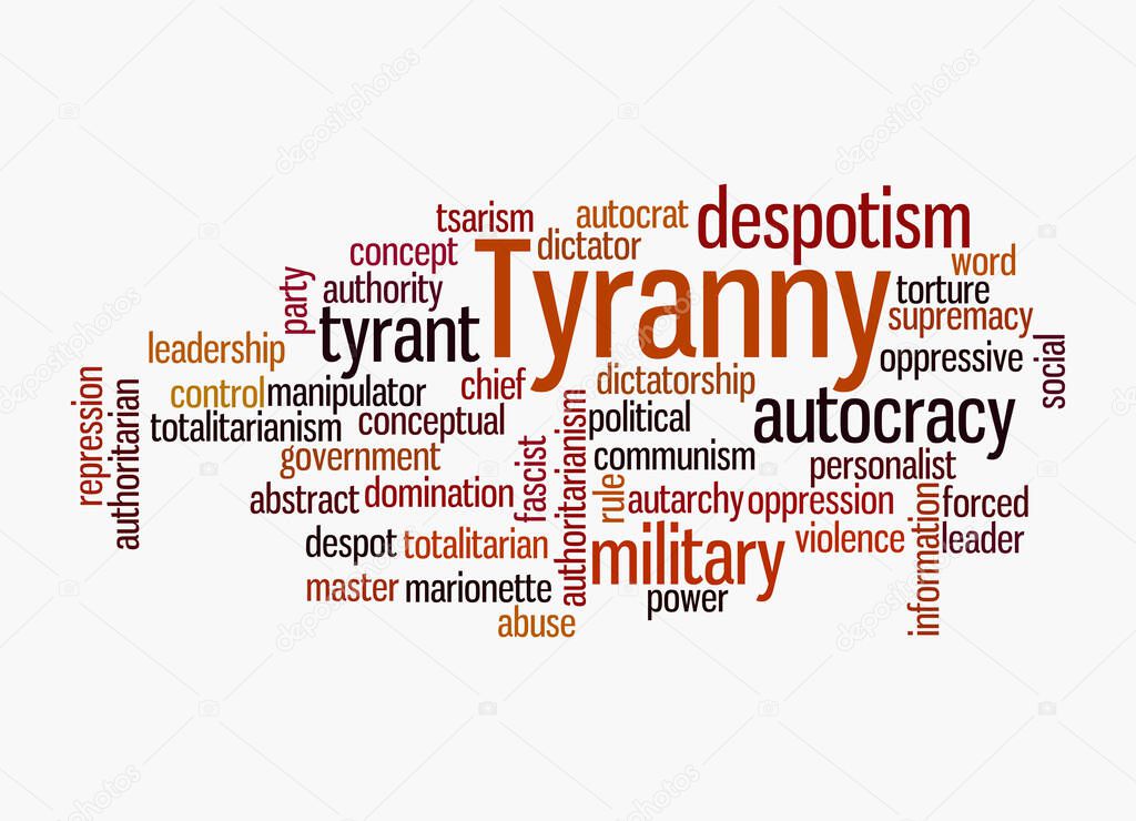 Word Cloud with TYRANNY concept, isolated on a white background.