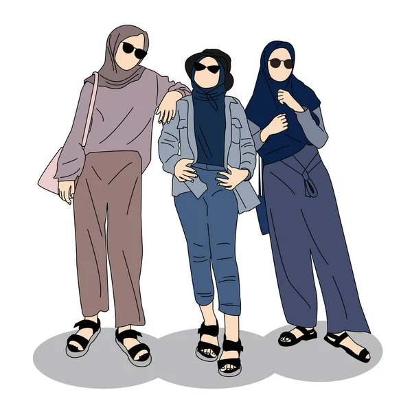 Vektor Dari Tiga Adik Perempuan Mengenakan Jilbab - Stok Vektor