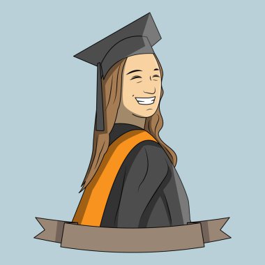 Happy University graduate girl in black dress on blue background. Flat design vector illustration vector