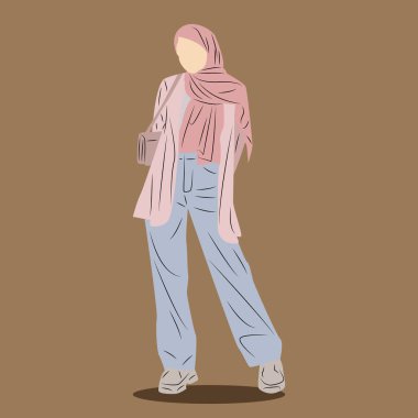 Moda Ofisi Giyen Müslüman Kızlar Basit Düz Çizim Tarzı ile Görünüyor. Kadın Başörtüsü Gelişigüzel Konsepti.