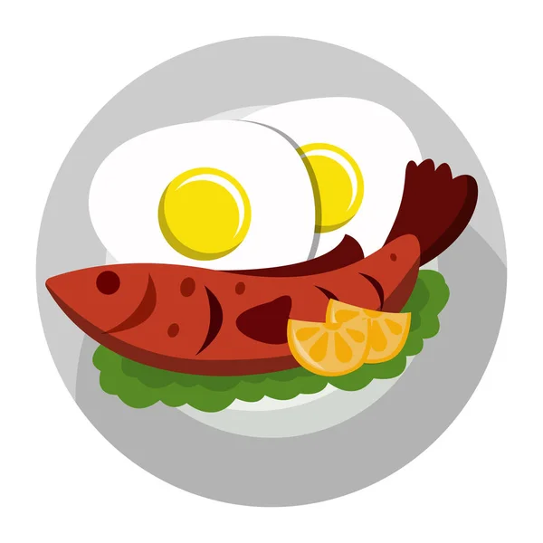 Plate Fried Fish Fried Eggs Complete Vegetables Lemon — Image vectorielle
