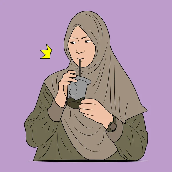 Vektor Ilustrasi Wanita Muslim Dalam Jilbab Minum Kopi - Stok Vektor