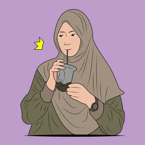 Vector Ilustración Mujer Musulmana Hiyab Beber Café Helado — Archivo Imágenes Vectoriales