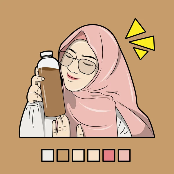 Ilustracja Wektorowa Muzułmanki Trzymającej Butelkę Napoju Czekoladowego Wraz Paletą Kolorów — Wektor stockowy