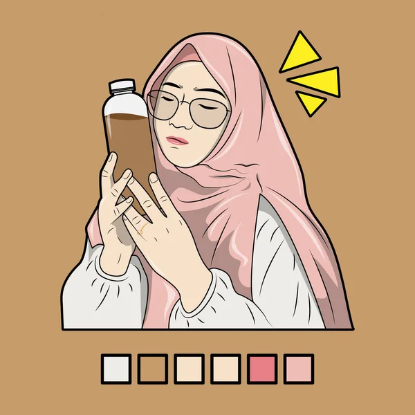 Vektor Ilustrasi Seorang Wanita Muslim Memegang Botol Minuman Cokelat Lengkap - Stok Vektor